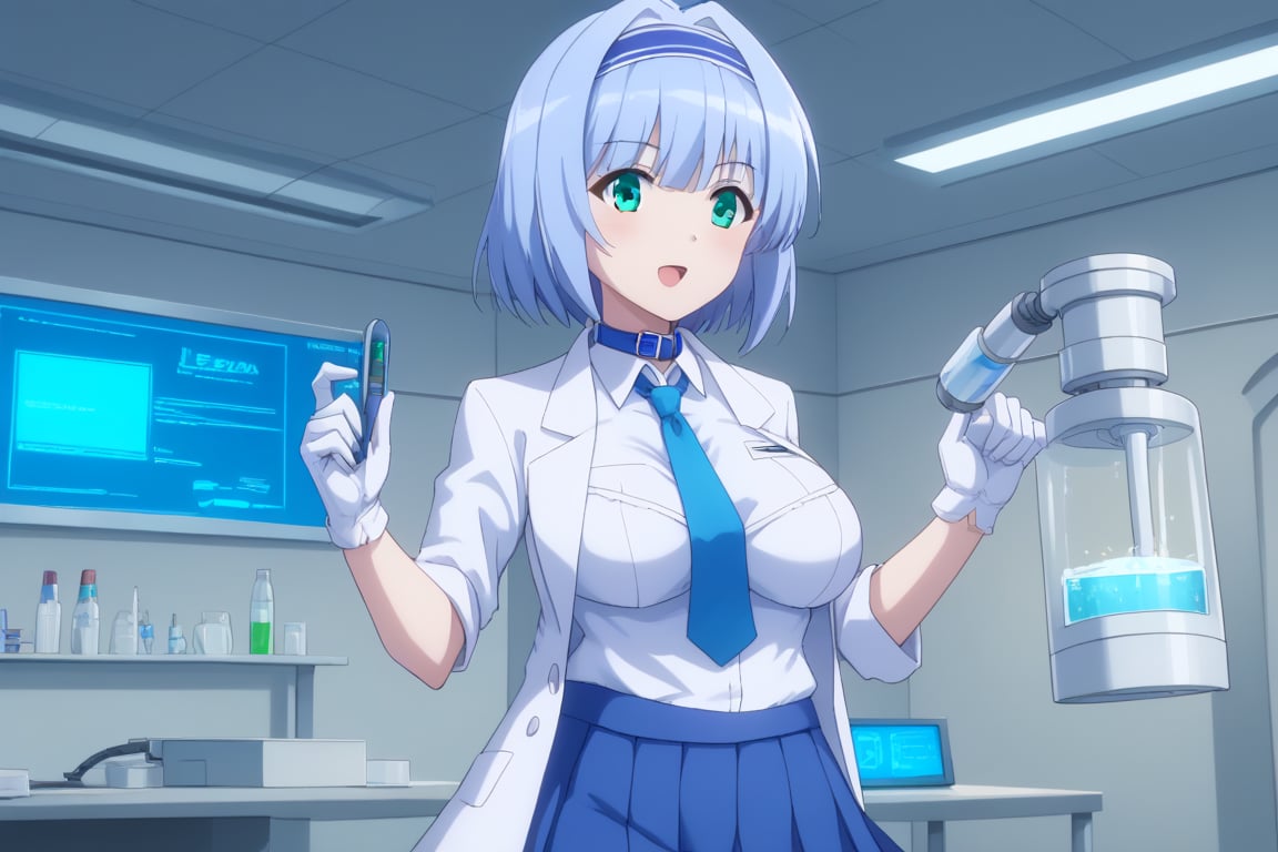 Linze, the anime girl with short, silver-blue hair and emerald green eyes, is working in the school science lab. She is wearing a white lab coat over her school uniform: a white blouse with a navy blue collar and a navy blue pleated skirt. Linze is carefully conducting an experiment at a lab bench, surrounded by scientific equipment and glassware. Her expression is focused and curious, and the lab has bright fluorescent lighting.
