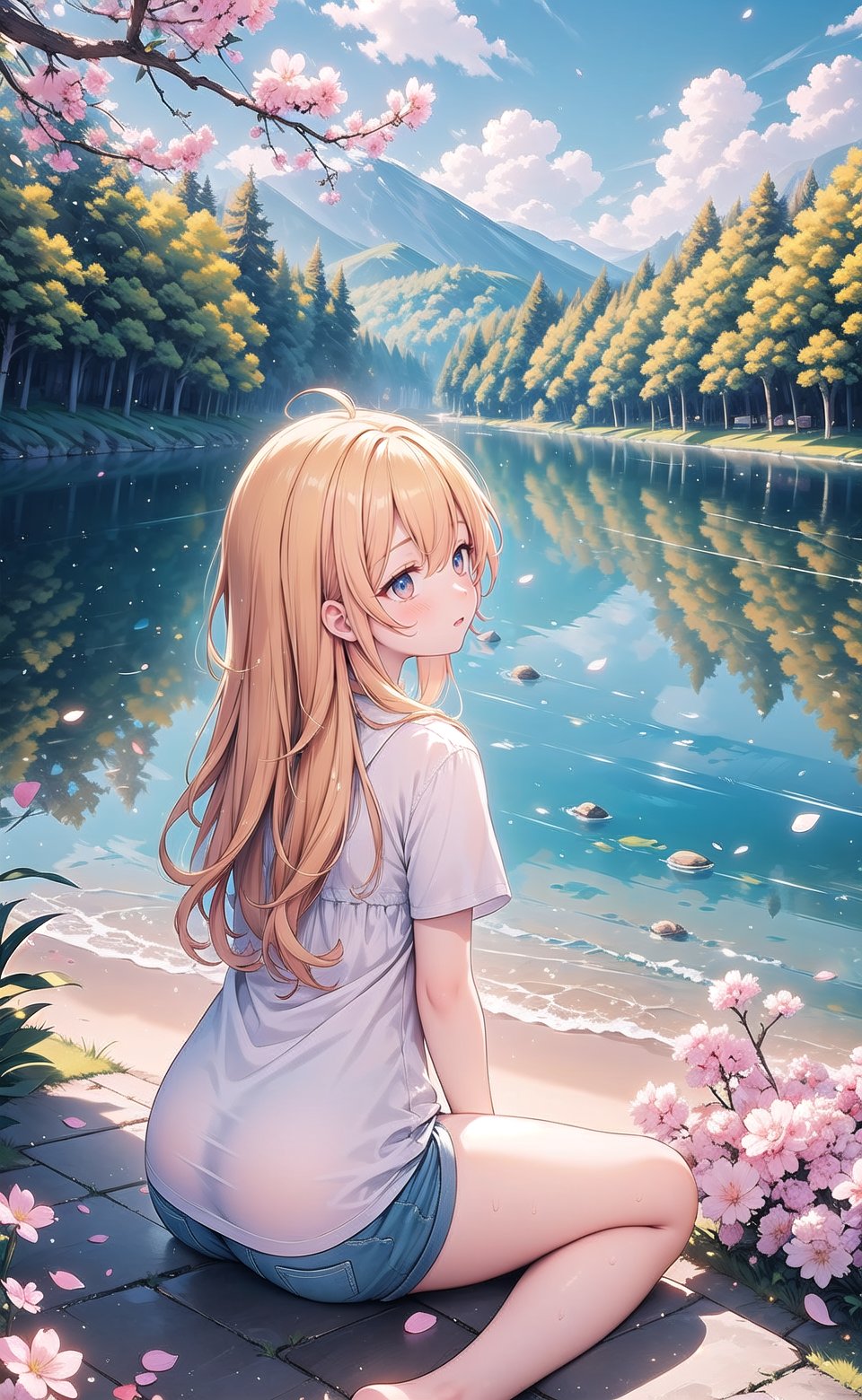 1 girl, alone, long hair, sitting, outdoors, from behind, yellow hair, shorts, tree, cherry blossoms, by a lake, flowery hills in the background,