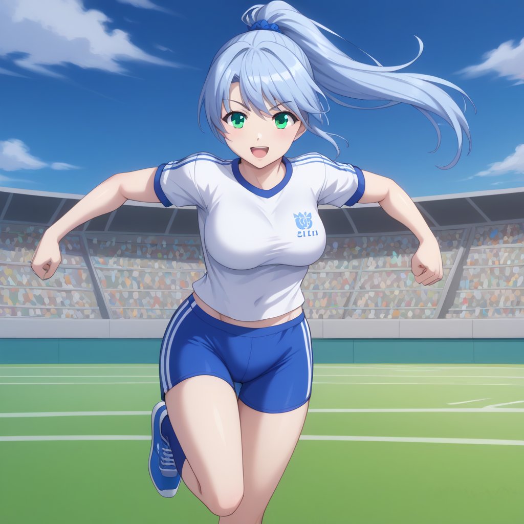 Linze, the anime girl with short, silver-blue hair and emerald green eyes, is participating in a school sports day event. She is wearing a sports uniform: a white T-shirt with red trim and matching shorts. Linze is running in a relay race, her hair tied back in a ponytail. The sports field is filled with students cheering and participating in various athletic events, with bright sunshine and clear skies.
