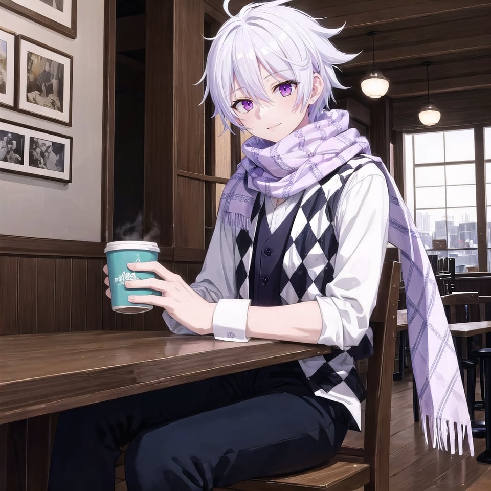 Masterpiece. UHD, 8K, anime style, Ende, a young man with white hair and violet eyes, sitting at a cozy café. He’s wearing his checkered shirt under a vest and scarf, holding a cup of coffee with both hands. The warm light from the café interior gives the scene a comfortable, relaxed feel. Outside the window, the streets are busy, but Ende seems lost in thought, with a peaceful expression on his face as he sips his coffee.