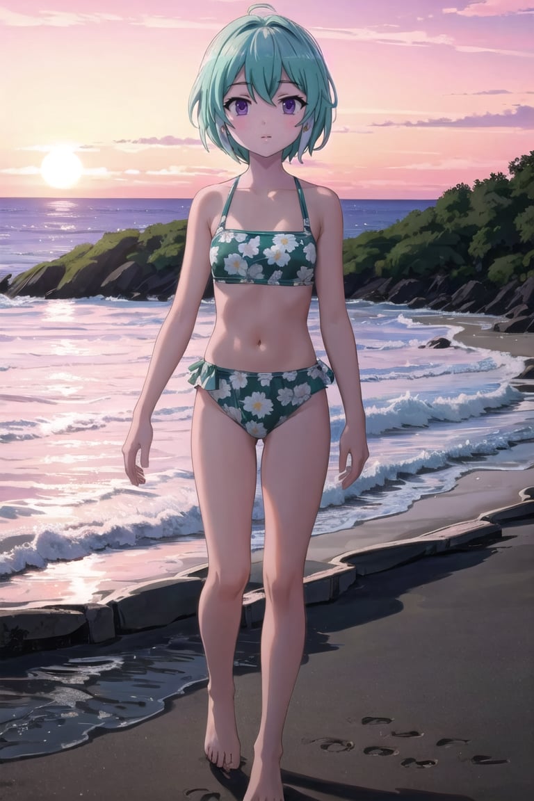 Lucia,Masterpiece. UHD, 8K, anime style, Lucia walking along the beach at sunset, with the soft orange glow of the sky reflecting on the water. Her short hair, with two long strands, blows gently in the breeze. She’s wearing a white bikini with a floral pattern. Footprints in the sand behind her, waves lightly touching her feet as she walks, a serene expression on her face. The sky is filled with warm tones of orange, pink, and purple as the sun sets behind the horizon, creating a peaceful atmosphere.