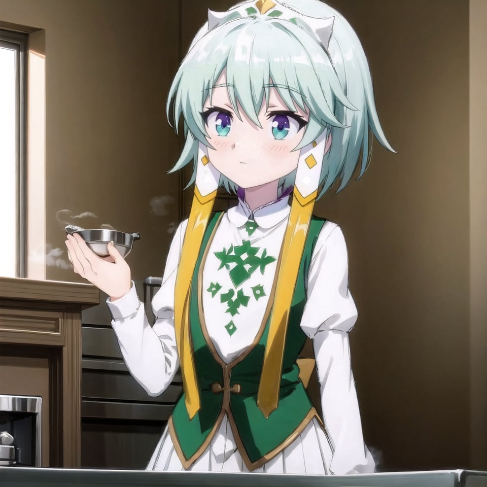 Lucia,Masterpiece. UHD, 8K, anime style, Lucia standing in a modern kitchen, viewed from behind. Her short silver hair, with two long strands reaching her chest, is gently swaying as she works. She’s wearing a white apron over her indigo vest and white shirt, and a pleated skirt, with black tights and short white boots. The kitchen is bright and filled with natural sunlight from a large window. Steam rises from a pot on the stove as Lucia stirs it, her graceful posture and the calm, cozy atmosphere emphasized by the soft light.