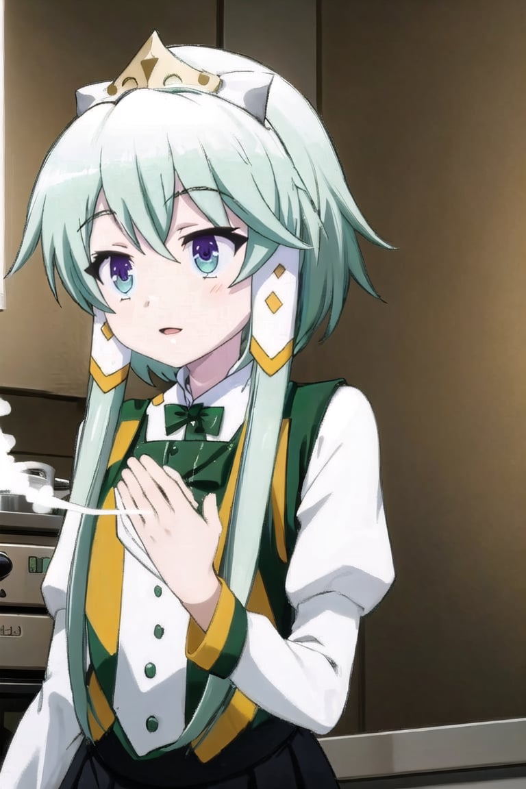 Lucia,Masterpiece. UHD, 8K, anime style, Lucia standing in a modern kitchen, viewed from behind. Her short silver hair, with two long strands reaching her chest, is gently swaying as she works. She’s wearing a white apron over her indigo vest and white shirt, and a pleated skirt, with black tights and short white boots. The kitchen is bright and filled with natural sunlight from a large window. Steam rises from a pot on the stove as Lucia stirs it, her graceful posture and the calm, cozy atmosphere emphasized by the soft light.