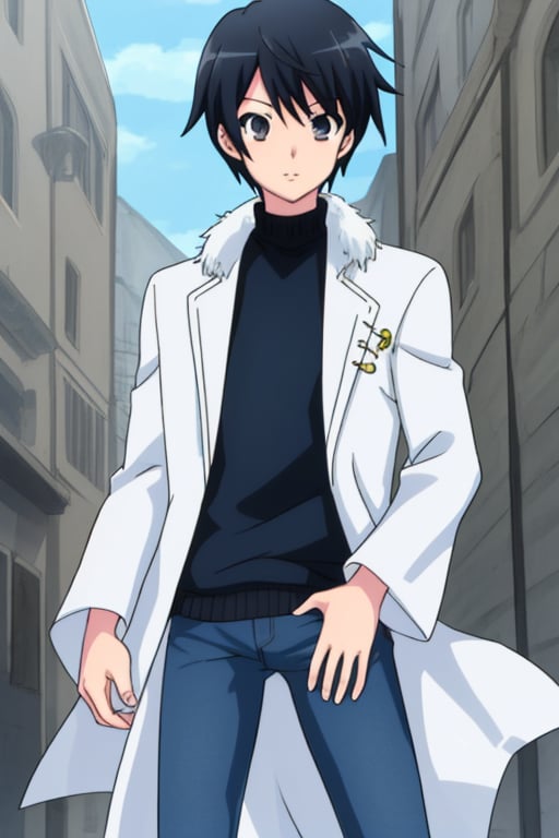 an anime boy black hair gray eyes wearing a white robe outside a black sweater and dark blue jeans,