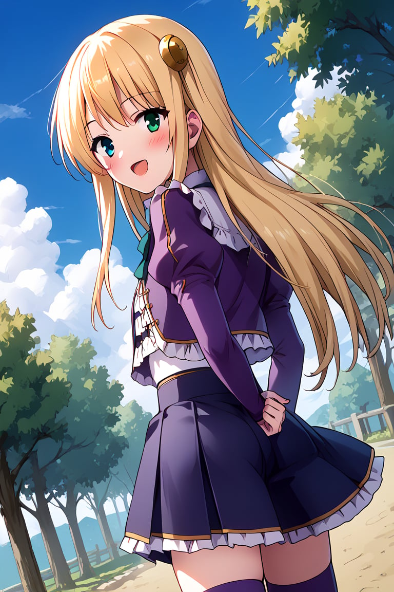 score_9, score_8_up, score_7_up, score_6_up, score_5_up, score_4_up, source_anime, wallpaper, BREAK yumina, 1girl, solo, cowboy shot, from behind, back, dutch angle, portrait, looking at viewer, blonde hair, long hair, hair ornament, bangs, heterochromia, green eyes, blue eyes, embarrased, smile, open mouth, blush, frills, striped clothes, jacket, cropped jacket, purple jacket, puffy sleeves, long sleeves, shirt, skirt, high-waist skirt, pleated skirt, purple skirt, purple thighhighs, zettai ryouiki, outdoors, meadow, tree, blue sky, cloud,