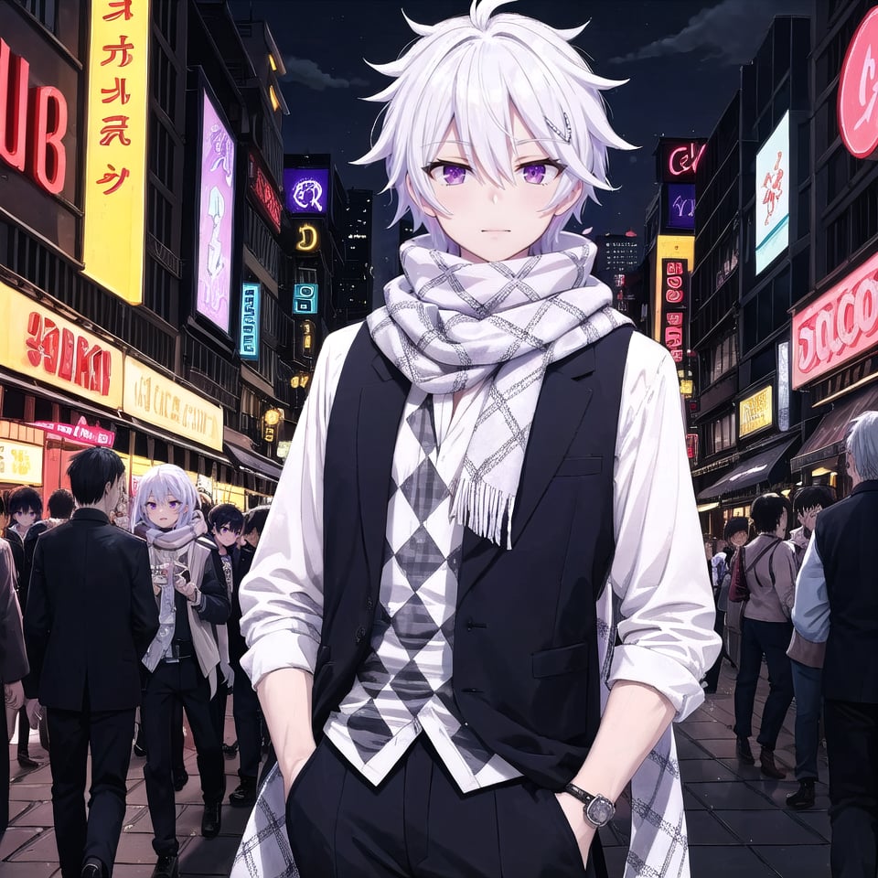 Masterpiece. UHD, 8K, anime style, Ende, a handsome young man with white hair, walking through a bustling city at night. His checkered shirt under a fitted vest and scarf flow slightly in the cool breeze. Neon signs reflect in his violet eyes, giving them a vibrant glow. The streets are busy with people and cars, and the city lights cast a colorful, lively atmosphere. Ende has his hands in his pockets, a calm but focused expression on his face as he moves through the crowd. The shadows and lights play beautifully on his white hair.