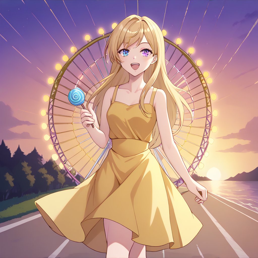 Masterpiece. UHD, 8K, 1 woman, solo, long pale blonde hair, heterochromatic eyes (blue and golden), wearing a casual yellow sundress, walking through a carnival at sunset, holding a cotton candy in one hand, her hair glowing in the golden light of the setting sun, relaxed and happy expression, Ferris wheel and colorful carnival lights in the background, soft shadows, vibrant and playful atmosphere, acrylic painting.

