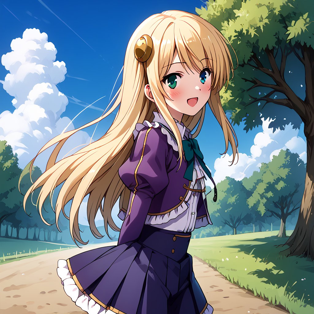 score_9, score_8_up, score_7_up, score_6_up, score_5_up, score_4_up, source_anime, wallpaper, BREAK yumina, 1girl, solo, cowboy shot, from behind, back, dutch angle, portrait, looking at viewer, blonde hair, long hair, hair ornament, bangs, heterochromia, green eyes, blue eyes, embarrased, smile, open mouth, blush, frills, striped clothes, jacket, cropped jacket, purple jacket, puffy sleeves, long sleeves, shirt, skirt, high-waist skirt, pleated skirt, purple skirt, purple thighhighs, zettai ryouiki, outdoors, meadow, tree, blue sky, cloud,