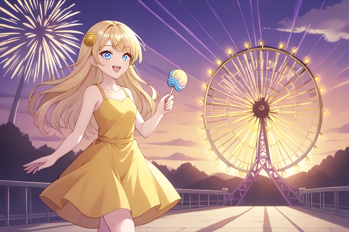 Masterpiece. UHD, 8K, 1 woman, solo, long pale blonde hair, heterochromatic eyes (blue and golden), wearing a casual yellow sundress, walking through a carnival at sunset, holding a cotton candy in one hand, her hair glowing in the golden light of the setting sun, relaxed and happy expression, Ferris wheel and colorful carnival lights in the background, soft shadows, vibrant and playful atmosphere, acrylic painting.

