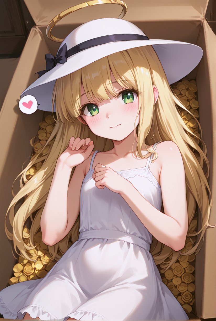 score_9, score_8_up, score_7_up, score_6_up, score_5_up, score_4_up, source_anime, 1girl, solo, lying on her side, long blonde hair, green eyes, halo, hat, shy expression, sundress, legs folded, curled up pose, lying in a coffin-like box, (in a box:1.4), comfortable but slightly playful atmosphere, sparkling particles, glowing light effects, magical atmosphere, fairy-like surroundings, furuderika_pony, indoor background, blush, happy, shy, spoken heart, beautiful finger