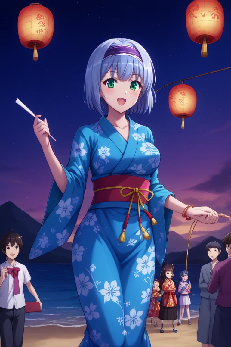 Linze, the anime girl with short, silver-blue hair and emerald green eyes, is enjoying a school festival. She is dressed in a traditional Japanese yukata, featuring a vibrant pattern of flowers in blue and white. Linze is participating in festival games, holding a paper lantern in one hand and enjoying cotton candy in the other. The festival grounds are lively with colorful stalls, decorations, and other students in festive attire.