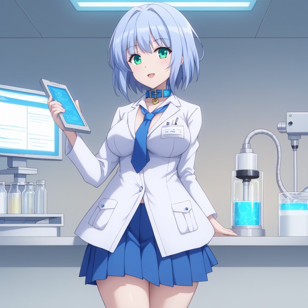 Linze, the anime girl with short, silver-blue hair and emerald green eyes, is working in the school science lab. She is wearing a white lab coat over her school uniform: a white blouse with a navy blue collar and a navy blue pleated skirt. Linze is carefully conducting an experiment at a lab bench, surrounded by scientific equipment and glassware. Her expression is focused and curious, and the lab has bright fluorescent lighting.
