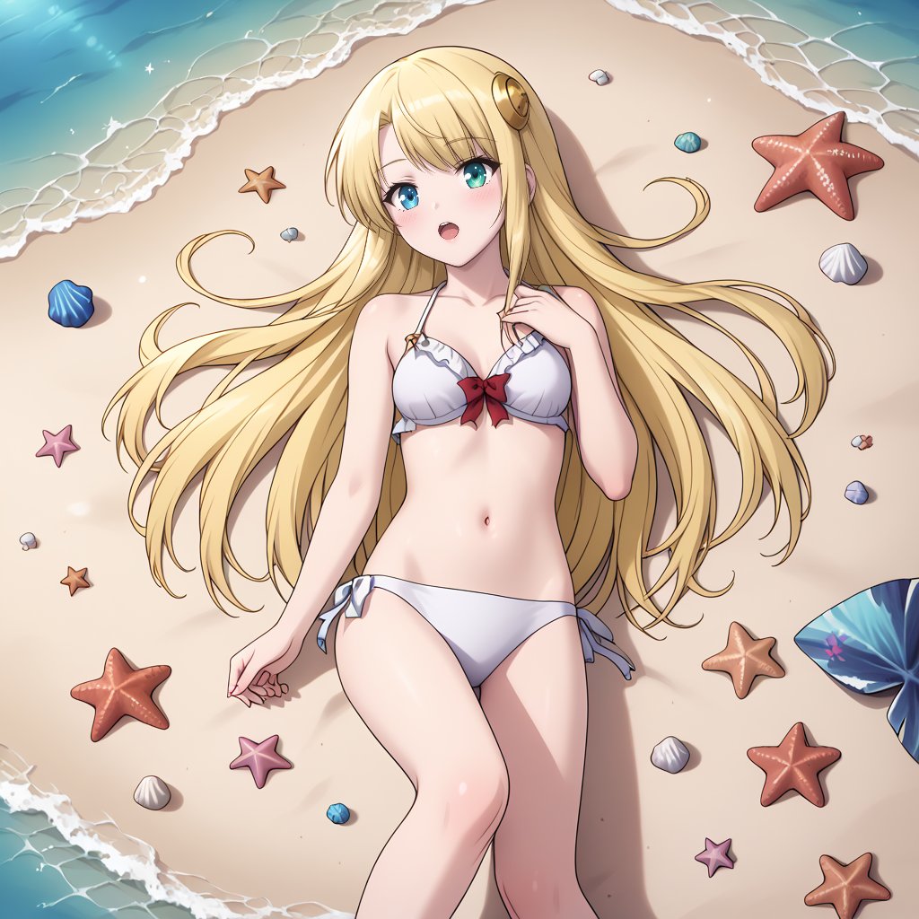 Yumina is kneeling on the sandy floor of the coral reef, her silvery-yellow hair flowing around her in the gentle current. She is wearing a white bikini, and her eyes—one blue, one golden—are focused intently on a bright red starfish lying among the corals. Yumina carefully picks up the starfish, cradling it in her hands as she examines it closely. Her expression is one of gentle fascination, and she smiles as she observes the starfish’s unique shape and texture.