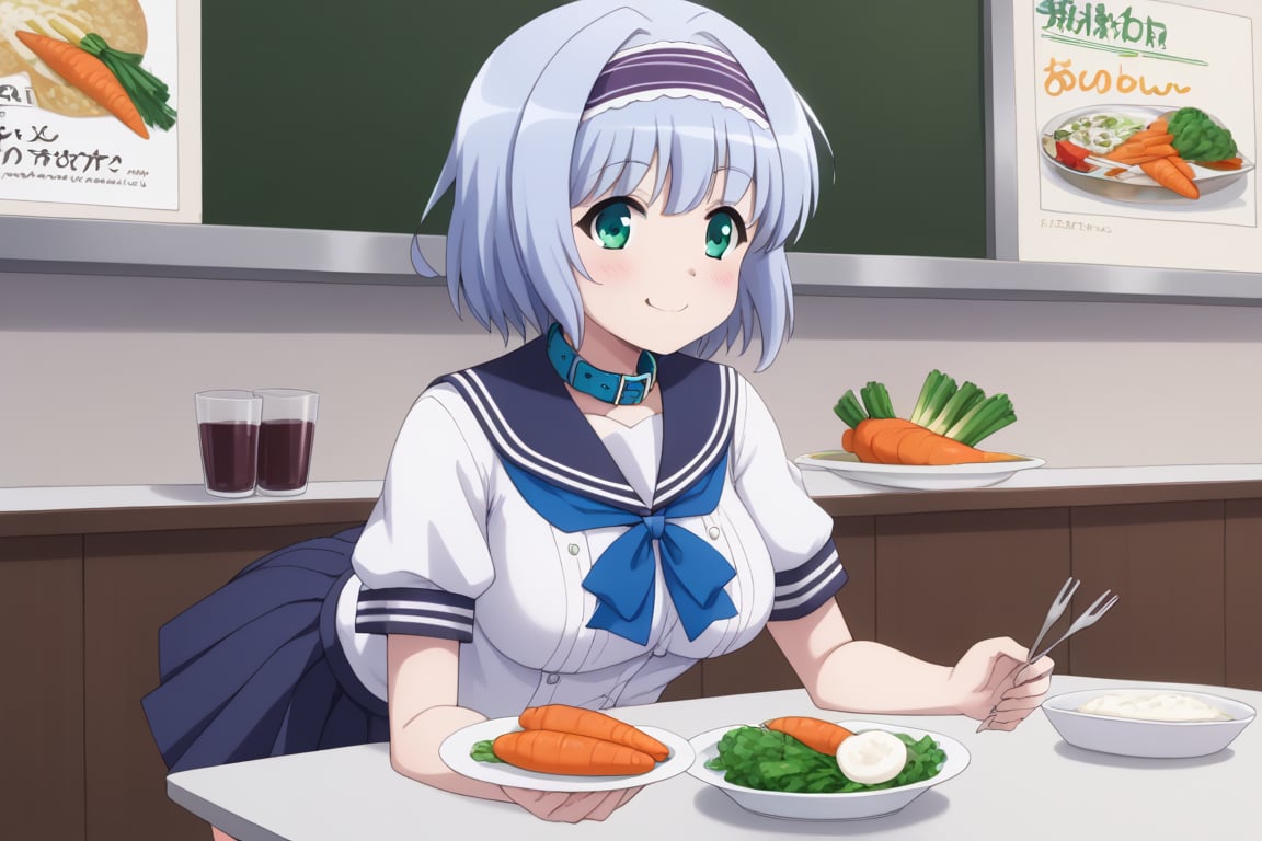 Linze, the anime girl with short, silver-blue hair and emerald green eyes, is having lunch in the school cafeteria. She is wearing her school uniform: a white blouse with a navy blue collar and a navy blue pleated skirt. Linze is seated at a cafeteria table, enjoying a meal of rice, vegetables, and a side of miso soup. The cafeteria has rows of tables with students eating and chatting, and the walls are adorned with school posters.