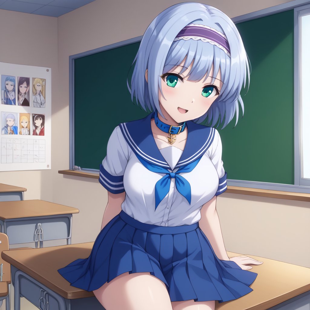 Linze, the anime girl with short, silver-blue hair and emerald green eyes, is sitting at her desk in a Japanese classroom. She is wearing a traditional school uniform consisting of a white blouse with a navy blue collar and a pleated navy blue skirt. Her hair is neatly styled with a small white ribbon. Linze is focused on her textbook, taking notes with a pen, her expression thoughtful and attentive. The classroom is decorated with educational posters, and the sunlight filters through large windows.