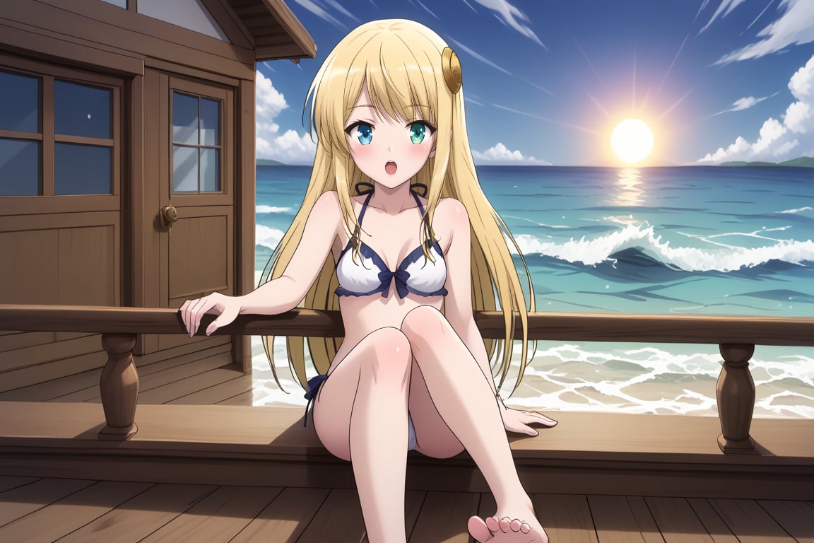 Yumina is standing on the deck of a large yacht, wearing a stylish white bikini. Her silvery-yellow hair is blowing gently in the sea breeze, and her heterochromatic eyes—one blue and one gold—shine with excitement as she looks out at the open ocean. The sun is high in the sky, casting a warm glow on her skin. Yumina holds onto the railing, feeling the gentle sway of the boat beneath her feet, and the sound of waves crashing against the hull creates a soothing background noise.