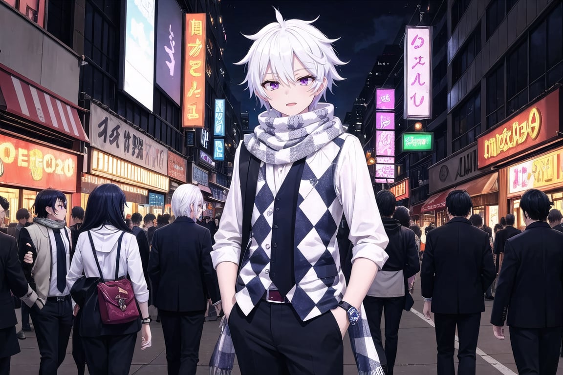 Masterpiece. UHD, 8K, anime style, Ende, a handsome young man with white hair, walking through a bustling city at night. His checkered shirt under a fitted vest and scarf flow slightly in the cool breeze. Neon signs reflect in his violet eyes, giving them a vibrant glow. The streets are busy with people and cars, and the city lights cast a colorful, lively atmosphere. Ende has his hands in his pockets, a calm but focused expression on his face as he moves through the crowd. The shadows and lights play beautifully on his white hair.