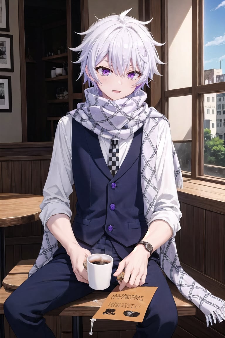 Masterpiece. UHD, 8K, anime style, Ende, a young man with white hair and violet eyes, sitting at a cozy café. He’s wearing his checkered shirt under a vest and scarf, holding a cup of coffee with both hands. The warm light from the café interior gives the scene a comfortable, relaxed feel. Outside the window, the streets are busy, but Ende seems lost in thought, with a peaceful expression on his face as he sips his coffee.