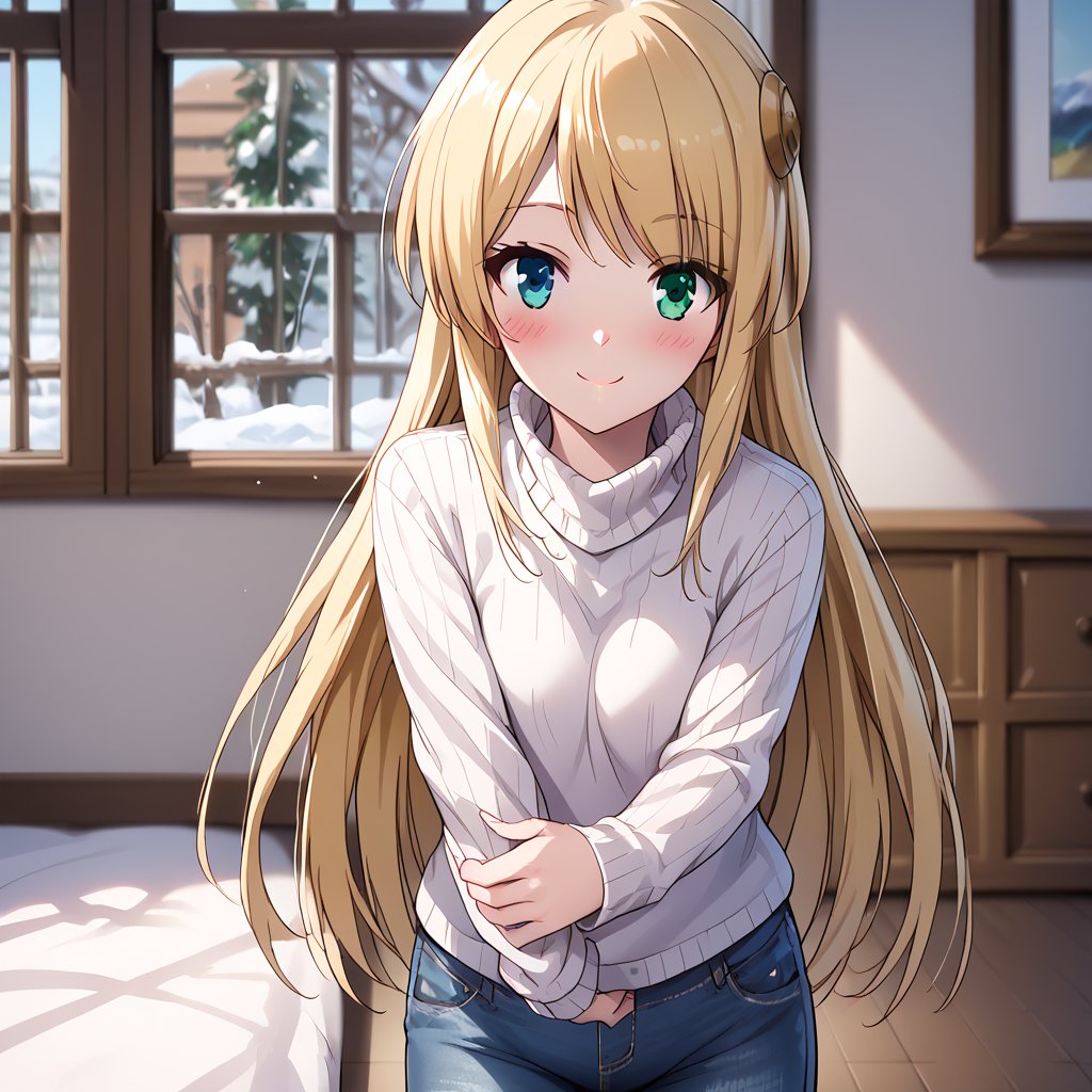 score_9, score_8_up, score_7_up, score_6_up, score_5_up, score_4_up, source_anime, BREAK yumina, 1girl, solo, standing, grabbing own arm, looking at viewer, blonde hair, long hair, bangs, heterochromia, green eyes, blue eyes, smile, closed mouth, blush, turtleneck sweater, long sleeves, denim pants, cowboy shot, indoors, day, winter, beautiful blurred background,