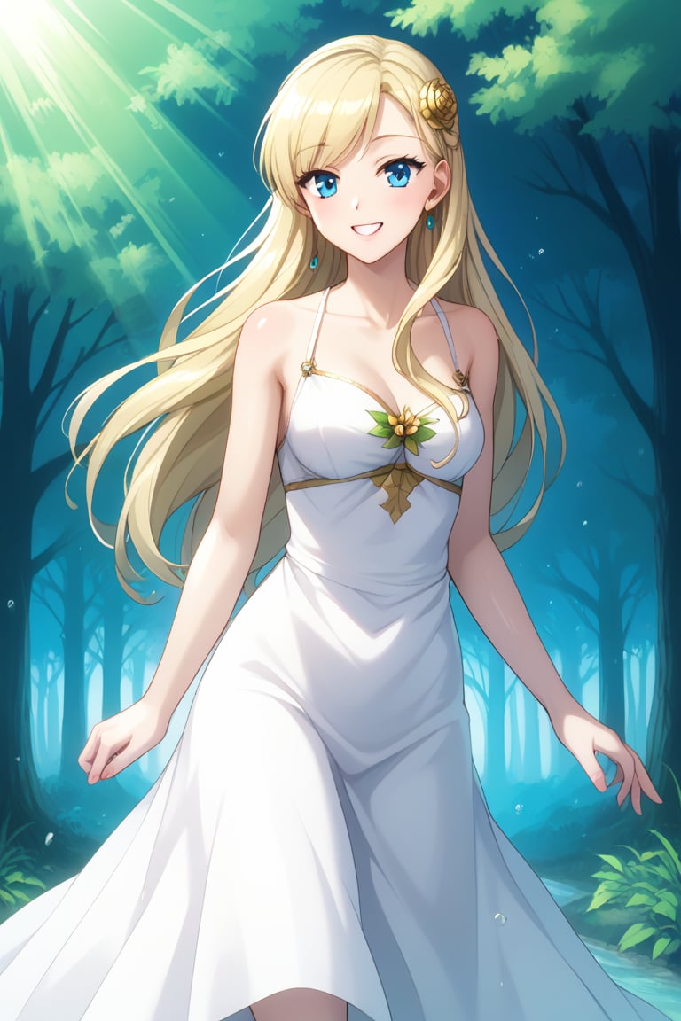 Masterpiece. UHD, 8K, 1 woman, solo, long pale blonde hair, blue eyes, tall and elegant figure, walking through a peaceful forest, wearing a flowing white dress, sunlight filtering through the trees, soft smile, calm and serene atmosphere, her hair catching the light, leaves gently falling around her, nature in harmony, subtle breeze, pastel colors, soft lighting, acrylic painting.