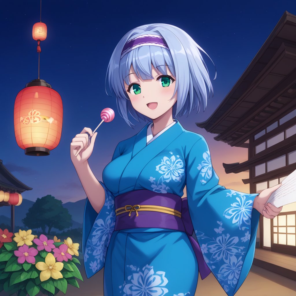 Linze, the anime girl with short, silver-blue hair and emerald green eyes, is enjoying a school festival. She is dressed in a traditional Japanese yukata, featuring a vibrant pattern of flowers in blue and white. Linze is participating in festival games, holding a paper lantern in one hand and enjoying cotton candy in the other. The festival grounds are lively with colorful stalls, decorations, and other students in festive attire.