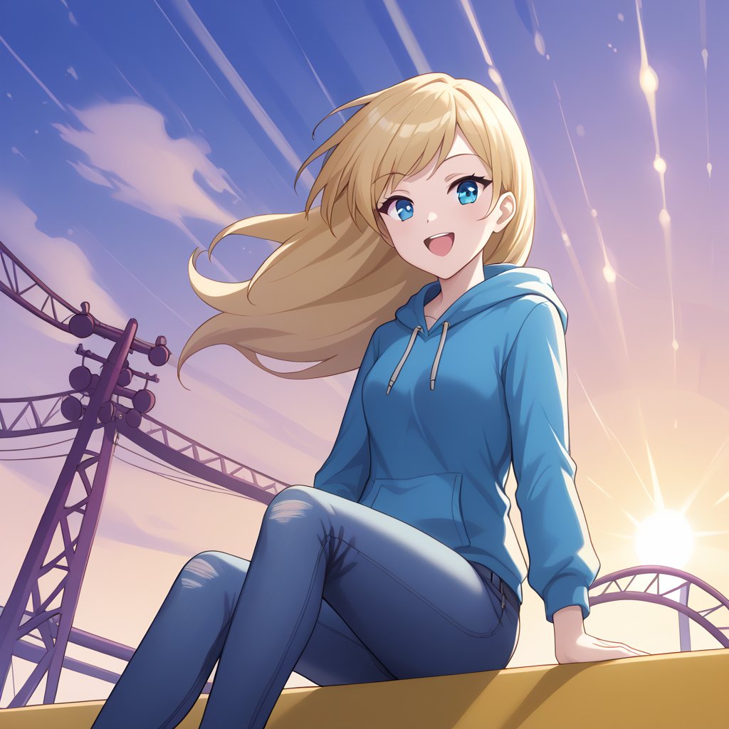 Masterpiece. UHD, 8K, 1 woman, solo, long pale blonde hair, heterochromatic eyes (blue and golden), wearing a casual light blue hoodie and skinny jeans, sitting in a roller coaster seat, holding on to the safety bar, wide smile on her face, hair flying wildly in the wind, excitement and thrill in her eyes, the roller coaster track twisting in the background, colorful carnival lights below, dynamic pose, bright sunlight overhead, fun and adventurous atmosphere, acrylic painting.
