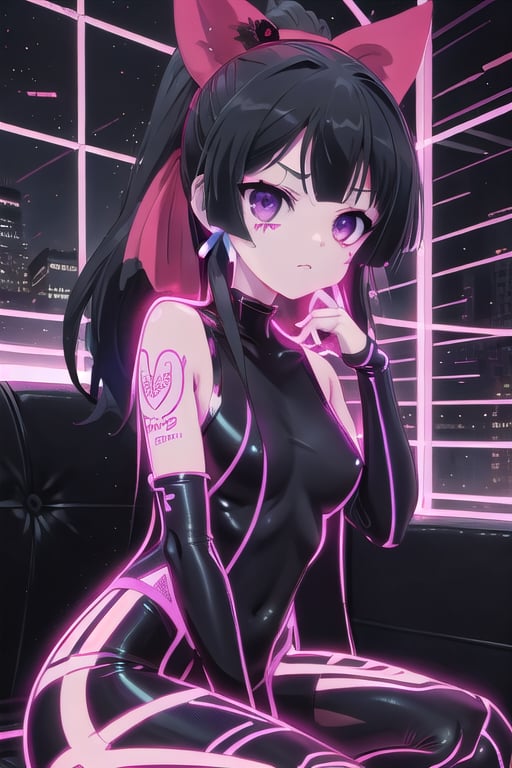 anime Style,1 girl, sitting, looking at viewer, long black hair, purple eyes, background highlighting bright neon blue and red backlight colors, highly detailed, ct-identity, legacy tron ​​style, bright style, Midjourney_Whisper, TattooMale, uvtattoo, FluxGothicRealnime, colorful lights, neon lights, bright eyes, 4k, masterpiece