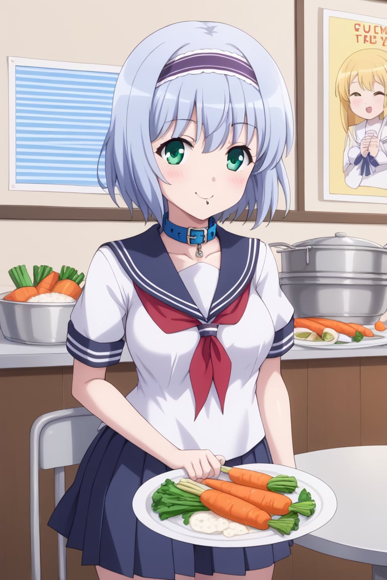 Linze, the anime girl with short, silver-blue hair and emerald green eyes, is having lunch in the school cafeteria. She is wearing her school uniform: a white blouse with a navy blue collar and a navy blue pleated skirt. Linze is seated at a cafeteria table, enjoying a meal of rice, vegetables, and a side of miso soup. The cafeteria has rows of tables with students eating and chatting, and the walls are adorned with school posters.