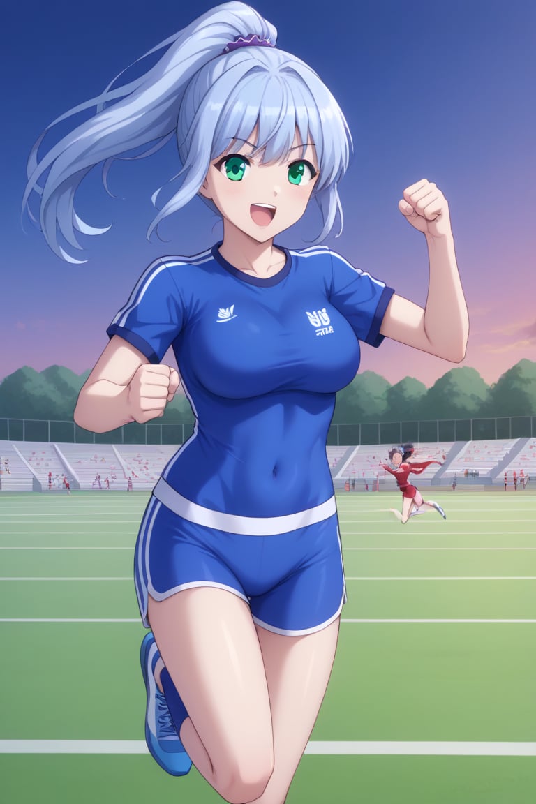 Linze, the anime girl with short, silver-blue hair and emerald green eyes, is participating in a school sports day event. She is wearing a sports uniform: a white T-shirt with red trim and matching shorts. Linze is running in a relay race, her hair tied back in a ponytail. The sports field is filled with students cheering and participating in various athletic events, with bright sunshine and clear skies.
