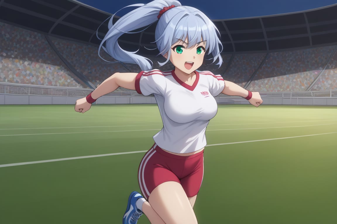 Linze, the anime girl with short, silver-blue hair and emerald green eyes, is participating in a school sports day event. She is wearing a sports uniform: a white T-shirt with red trim and matching shorts. Linze is running in a relay race, her hair tied back in a ponytail. The sports field is filled with students cheering and participating in various athletic events, with bright sunshine and clear skies.
