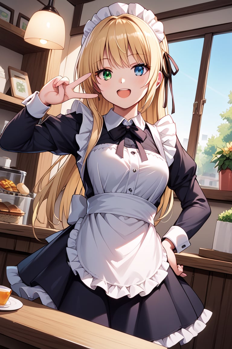 score_9, score_8_up, score_7_up, score_6_up, score_5_up, score_4_up, source_anime, BREAK yumina, 1girl, solo, standing, hand on own hip, v, looking at viewer, blonde hair, long hair, bangs, heterochromia, green eyes, blue eyes, smile, open mouth, maid, maid dress, collared dress, striped clothes, maid headdress, frills, hair ribbon, apron, waist apron, puffy sleeves, long sleeves, neck ribbon, cowboy shot, dutch angle, indoors, cafe, day, table, window, 