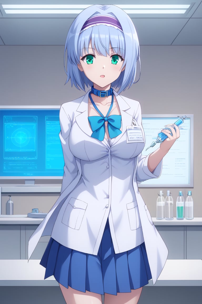 Linze, the anime girl with short, silver-blue hair and emerald green eyes, is working in the school science lab. She is wearing a white lab coat over her school uniform: a white blouse with a navy blue collar and a navy blue pleated skirt. Linze is carefully conducting an experiment at a lab bench, surrounded by scientific equipment and glassware. Her expression is focused and curious, and the lab has bright fluorescent lighting.
