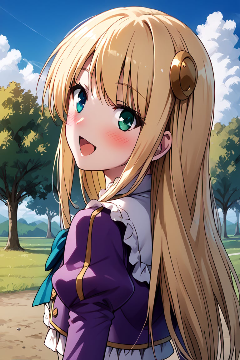 score_9, score_8_up, score_7_up, score_6_up, score_5_up, score_4_up, source_anime, wallpaper, BREAK yumina, 1girl, solo, upper body, from behind, back, portrait, looking at viewer, blonde hair, long hair, hair ornament, bangs, heterochromia, green eyes, blue eyes, embarrased, smile, open mouth, blush, frills, shirt, white shirt, blue ribbon, brooch, striped clothes, center frills, buttons, jacket, cropped jacket, purple jacket, puffy sleeves, long sleeves, outdoors, meadow, tree, blue sky, cloud,