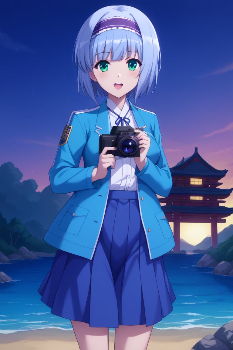 Linze, the anime girl with short, silver-blue hair and emerald green eyes, is on a school trip to a historical site. She is wearing casual travel attire: a white blouse with a light blue jacket and a navy blue skirt. Linze is taking photos with a camera, standing in front of a traditional Japanese temple or historic landmark. The scene includes other students and the cultural site, with clear skies and a pleasant atmosphere.
