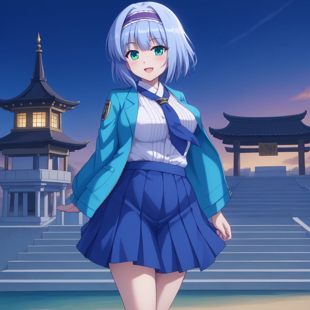 Linze, the anime girl with short, silver-blue hair and emerald green eyes, is on a school trip to a historical site. She is wearing casual travel attire: a white blouse with a light blue jacket and a navy blue skirt. Linze is taking photos with a camera, standing in front of a traditional Japanese temple or historic landmark. The scene includes other students and the cultural site, with clear skies and a pleasant atmosphere.
