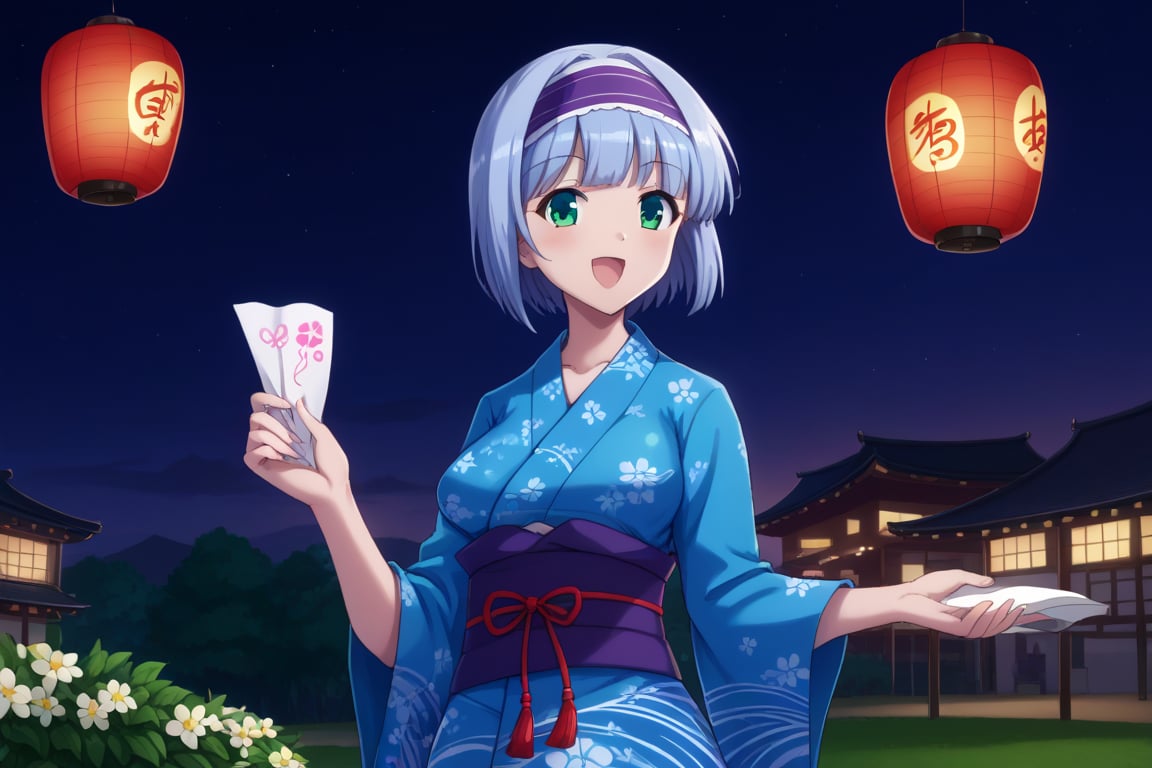 Linze, the anime girl with short, silver-blue hair and emerald green eyes, is enjoying a school festival. She is dressed in a traditional Japanese yukata, featuring a vibrant pattern of flowers in blue and white. Linze is participating in festival games, holding a paper lantern in one hand and enjoying cotton candy in the other. The festival grounds are lively with colorful stalls, decorations, and other students in festive attire.