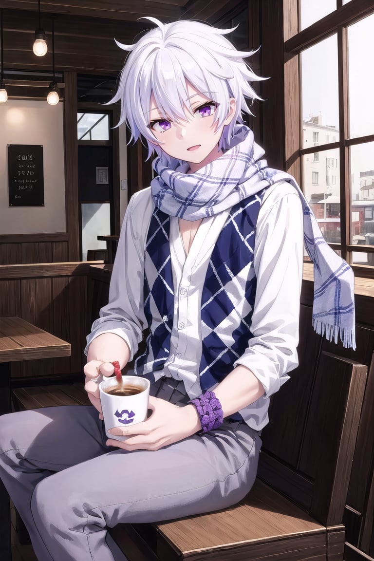 Masterpiece. UHD, 8K, anime style, Ende, a young man with white hair and violet eyes, sitting at a cozy café. He’s wearing his checkered shirt under a vest and scarf, holding a cup of coffee with both hands. The warm light from the café interior gives the scene a comfortable, relaxed feel. Outside the window, the streets are busy, but Ende seems lost in thought, with a peaceful expression on his face as he sips his coffee.