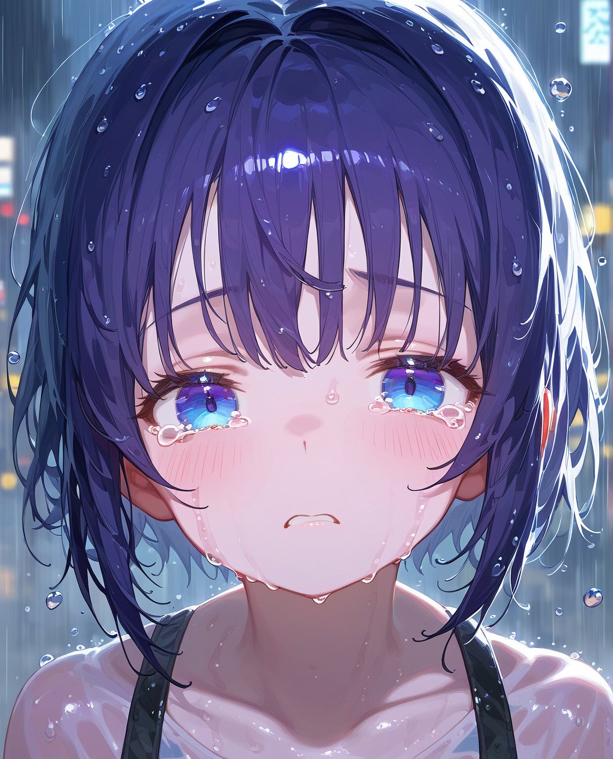 score_9, score_8_up, score_7_up, source_anime, rating_explicit, (semi-realistic:0.8), high quality, rough_lines, smooth_skin, reflective_skin, reflective_materials, wet_materials, blurred_city_lights BREAK 1girl, detailed_face, detailed_hair, smooth skin, half-closed_eyes, (white_hair), short_hair, blue_eyes, tears, crying, raining, water_droplets, looking_at_viewer, (close), face_focus