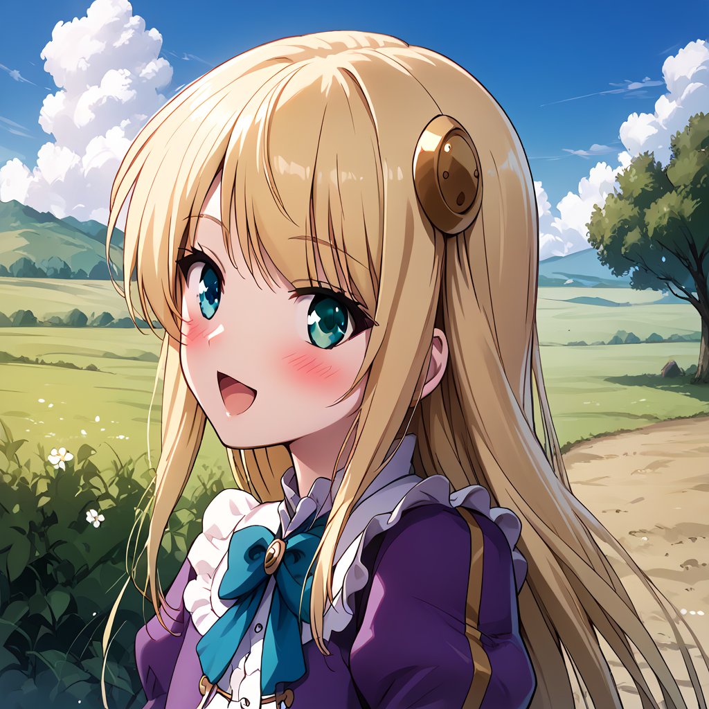 score_9, score_8_up, score_7_up, score_6_up, score_5_up, score_4_up, source_anime, wallpaper, BREAK yumina, 1girl, solo, upper body, from behind, back, portrait, looking at viewer, blonde hair, long hair, hair ornament, bangs, heterochromia, green eyes, blue eyes, embarrased, smile, open mouth, blush, frills, shirt, white shirt, blue ribbon, brooch, striped clothes, center frills, buttons, jacket, cropped jacket, purple jacket, puffy sleeves, long sleeves, outdoors, meadow, tree, blue sky, cloud,