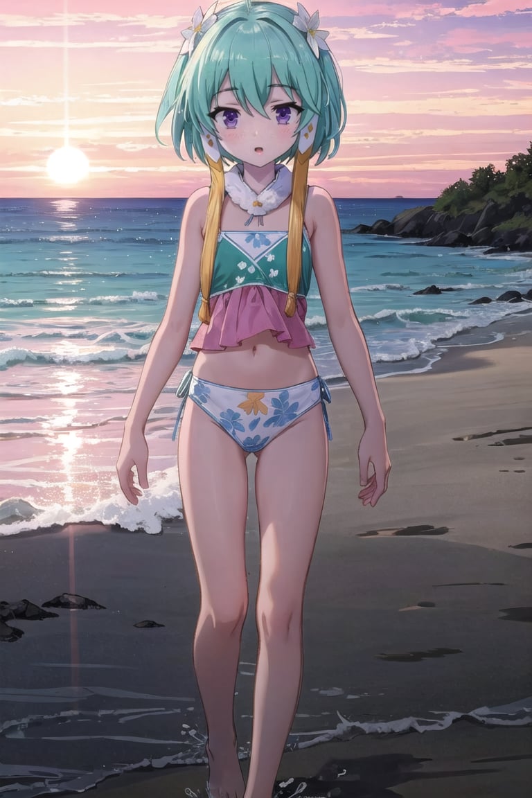 Lucia,Masterpiece. UHD, 8K, anime style, Lucia walking along the beach at sunset, with the soft orange glow of the sky reflecting on the water. Her short hair, with two long strands, blows gently in the breeze. She’s wearing a white bikini with a floral pattern. Footprints in the sand behind her, waves lightly touching her feet as she walks, a serene expression on her face. The sky is filled with warm tones of orange, pink, and purple as the sun sets behind the horizon, creating a peaceful atmosphere.