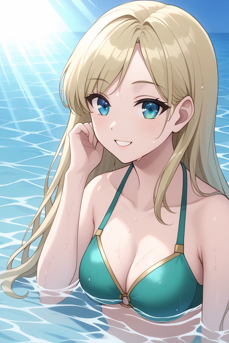 Masterpiece. UHD, 8K, 1 woman, solo, long pale blonde hair, heterochromatic eyes (blue and golden), wearing a sporty green bikini, swimming in the clear blue ocean, hair wet and sticking to her back, face above the water with a content smile, bright sunlight reflecting off the water, gentle waves surrounding her, distant shore in the background, peaceful and refreshing atmosphere, natural lighting, acrylic painting.
