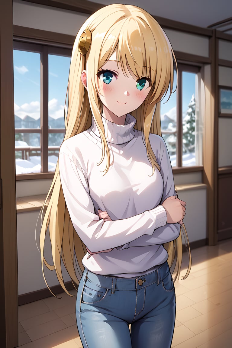 score_9, score_8_up, score_7_up, score_6_up, score_5_up, score_4_up, source_anime, BREAK yumina, 1girl, solo, standing, grabbing own arm, looking at viewer, blonde hair, long hair, bangs, heterochromia, green eyes, blue eyes, smile, closed mouth, blush, turtleneck sweater, long sleeves, denim pants, cowboy shot, indoors, day, winter, beautiful blurred background,