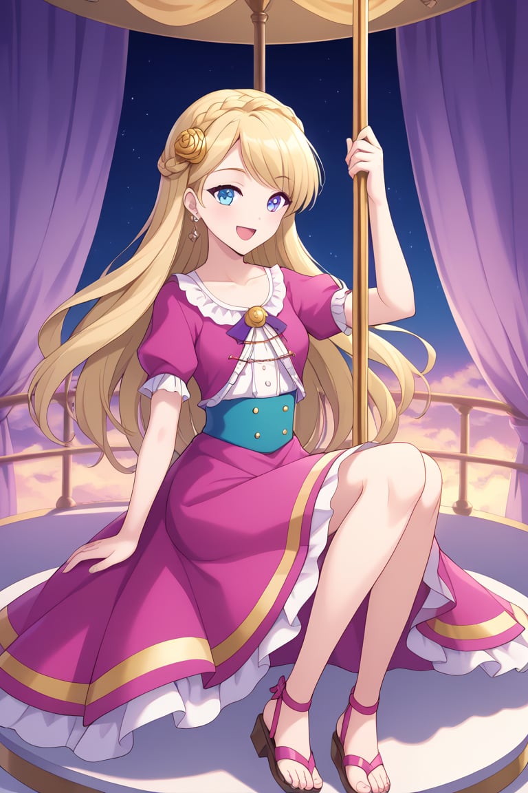 Masterpiece. UHD, 8K, 1 woman, solo, long pale blonde hair, heterochromatic eyes (blue and golden), wearing a casual floral dress and sandals, sitting gracefully on a beautifully decorated carousel horse, holding the golden pole with one hand, soft smile on her face, her hair flowing gently with the movement, colorful lights of the carousel illuminating the scene, a sense of nostalgia and joy, soft lighting, pastel colors, joyful and magical atmosphere, acrylic painting.