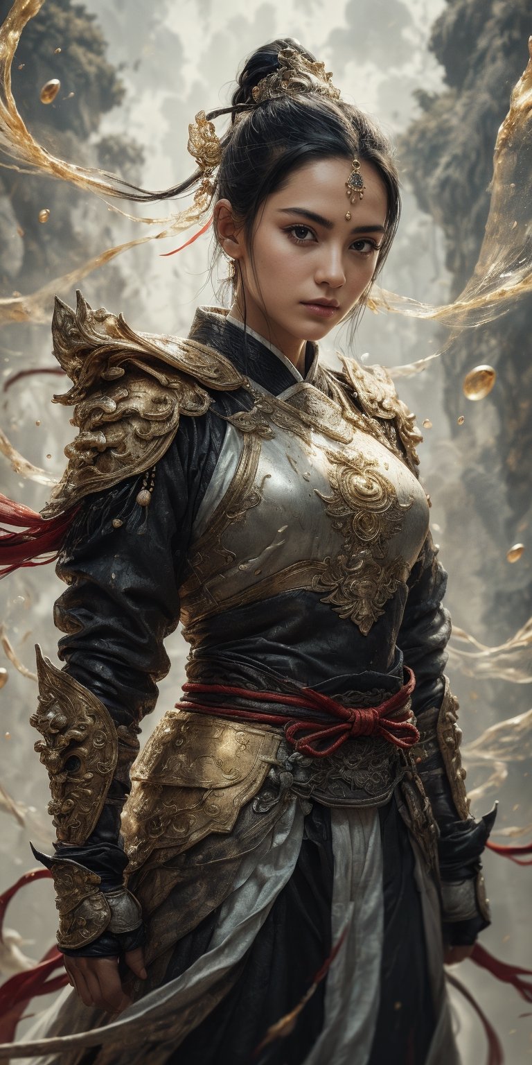 (Photorealistic, RAW, 16K, Masterpiece, UHD), full body, splash-ink tai chi illustration, yin yang illustration, Chinese Wuxia (real sexy Dilraba Dilmurat), ponytail, dramatic angle, looking_at_viewer,(fluttered detailed ink splashs), (illustration),(((1 girl))),(long hair), (Beautiful face), ,(rain:0.6),((expressionless ,Carmine hair ornament:1.4)),chinese  clothes,((focus on the girl)), color Ink wash painting,(ink splashing),(Huaqing splashing),((colorful)),[sketch],best quality, beautifully painted,highly detailed,(denoising:0.7),[splash ink],yin yang, tai chi, perfect hand, perfect fingers, beautiful eyes,
,xuer Ancient golden armor, Dual Sword,Weapon