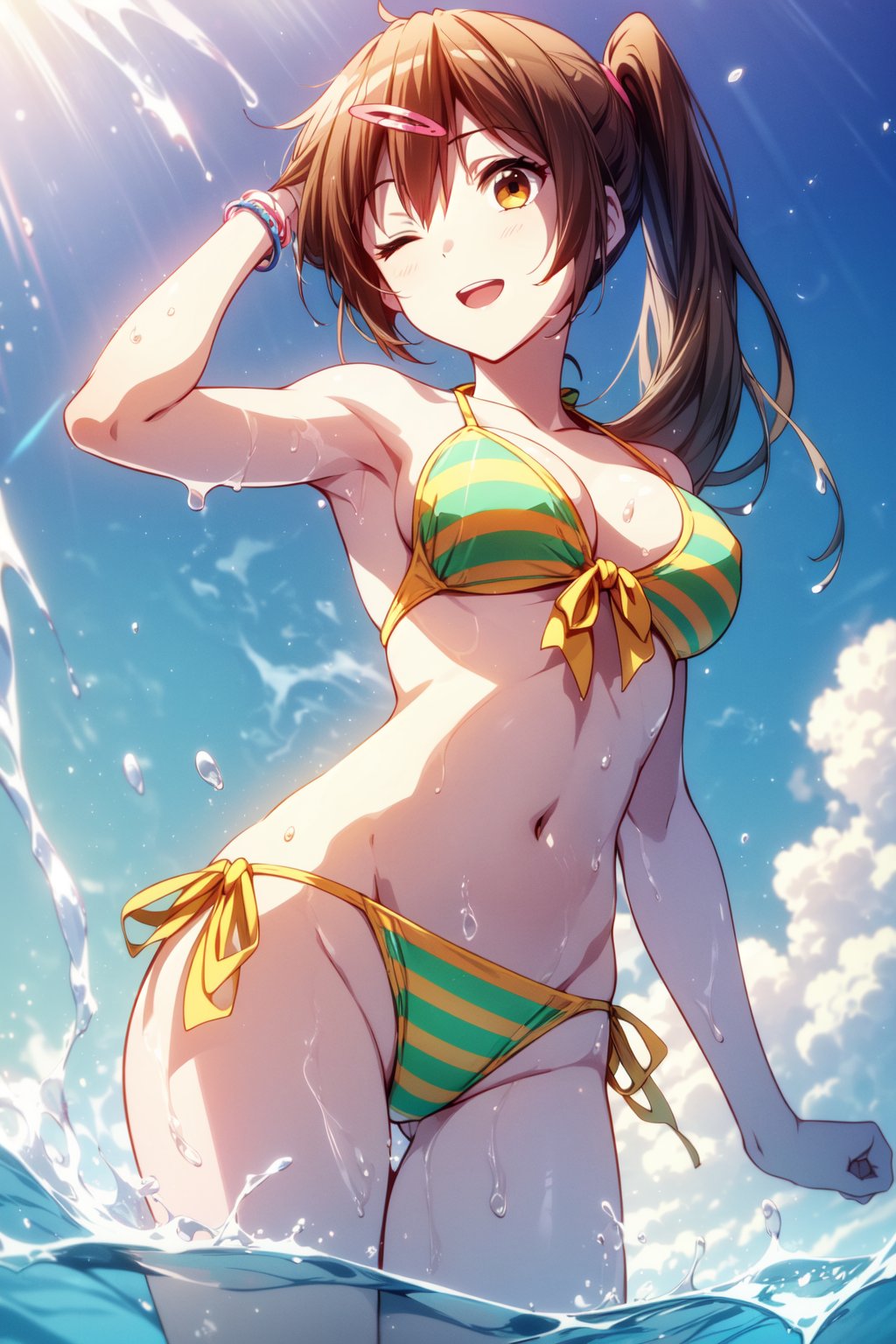 (masterpiece, best quality, official art, 8k unity wallpapers, incredibly absurdres, prefect hands), (beautiful pink-yellow shades), 1girl, solo, shinka nibutani, alternate hairstyle, (left side medium long ponytail), brown eyes, medium breasts, cleavage, (yellow-green two-color striped bikini), string bikini, side-tie bikini bottom, swimsuit, arm accessories, (one eye closed), open mouth, confident smile, looking at viewer, wading, Beautiful Beach, (raise one arm on head:1.2), (splash water:1.2), (hair blowing in the wind:1.25), (from below shot),