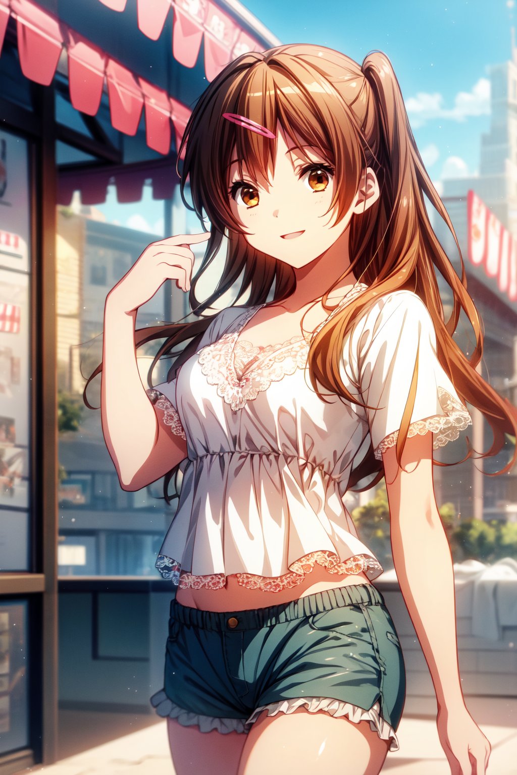 (masterpiece, best quality, official art, 8k unity wallpapers, incredibly absurdres), 1girl, solo, shinka nibutani, long hair, brown eyes, medium breasts, (orange ruffled short sleeve lace top), (sky-blue loose shorts), masterpiece, date atmosphere, happy smile, looking at viewer, hand on lower chest, cowboy shot, (beautiful city:1.2), outdoor, (sunny day),1 girl