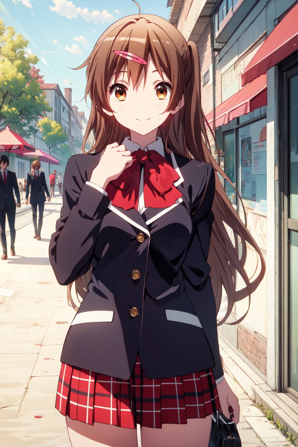 (masterpiece, best quality, official art, 8k unity wallpapers, incredibly absurdres, prefect hands), 1girl, solo, shinka nibutani, brown long hair and eyes, medium breasts, icho private high school uniform, black blazer, red plaid skirt, confident smile, looking at viewer, outdoors, (beautiful high school), cowboy shot, (thighs:0.8), day,1 girl