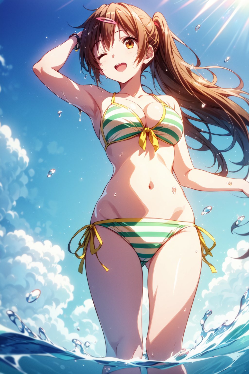 (masterpiece, best quality, official art, 8k unity wallpapers, incredibly absurdres, prefect hands), (beautiful pink-yellow shades), 1girl, solo, shinka nibutani, alternate hairstyle, (left side medium long ponytail), brown eyes, medium breasts, cleavage, (yellow-green two-color striped bikini), string bikini, side-tie bikini bottom, swimsuit, arm accessories, (one eye closed), open mouth, confident smile, looking at viewer, wading, Beautiful Beach, (raise one arm on head:1.2), (splash water:1.2), (hair blowing in the wind:1.25), (from below shot),