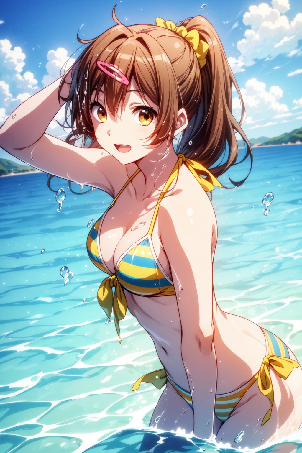 (masterpiece, best quality, official art, 8k unity wallpapers, incredibly absurdres, prefect hands), (beautiful pink-yellow shades), 1girl, solo, shinka nibutani, alternate hairstyle, (left side medium long ponytail), brown eyes, medium breasts, cleavage, (yellow-green two-color striped bikini), string bikini, side-tie bikini bottom, swimsuit, arm accessories, open mouth, confident smile, looking at viewer, wading, Beautiful Beach, (play water:1.3), (splash water:1.3), (hair blowing in the wind:1.25),1 girl