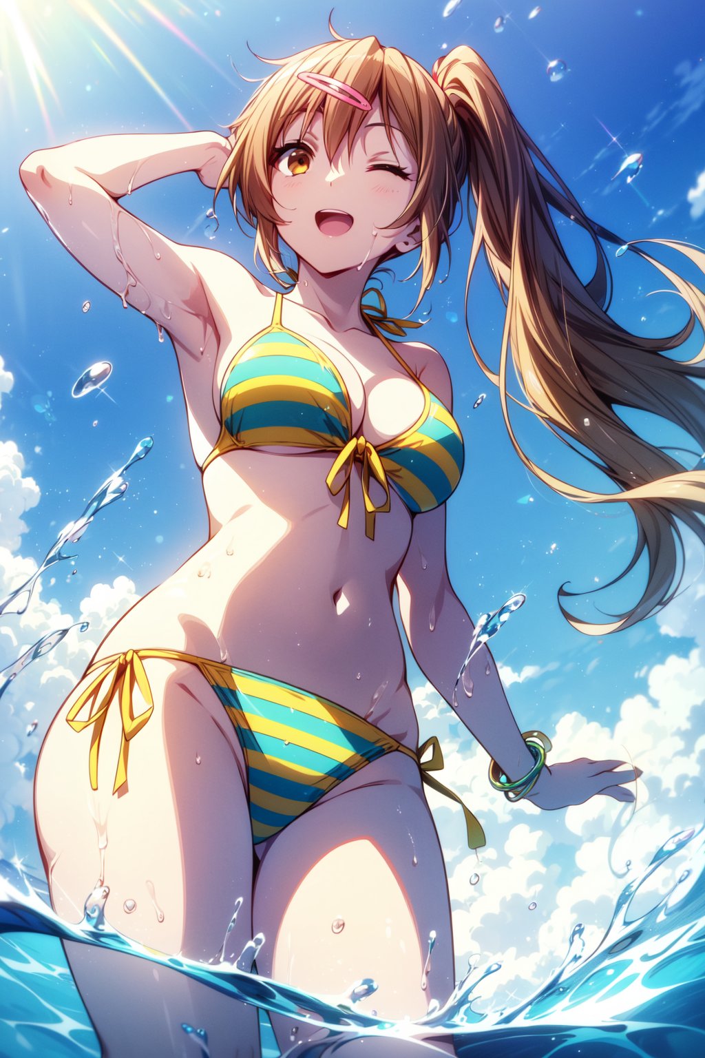 (masterpiece, best quality, official art, 8k unity wallpapers, incredibly absurdres, prefect hands), (beautiful pink-yellow shades), 1girl, solo, shinka nibutani, alternate hairstyle, (left side medium long ponytail), brown eyes, medium breasts, cleavage, (yellow-green two-color striped bikini), string bikini, side-tie bikini bottom, swimsuit, arm accessories, (one eye closed), open mouth, confident smile, looking at viewer, wading, Beautiful Beach, (raise one arm on head:1.2), (splash water:1.2), (hair blowing in the wind:1.25), (from below shot),